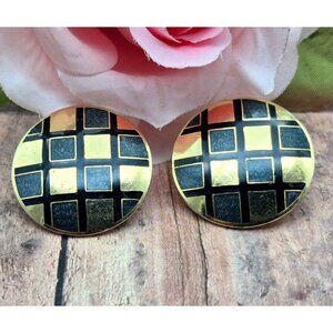 SHARON SITI 80s Geo Cloisonné Art Deco Big Button Earrings Black & Gold Vintage